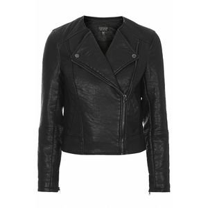 Topshop petite collarless faux leather moto jacket